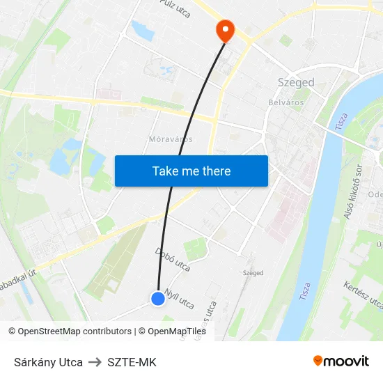 Sárkány Utca to SZTE-MK map