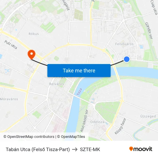 Tabán Utca (Felső Tisza-Part) to SZTE-MK map
