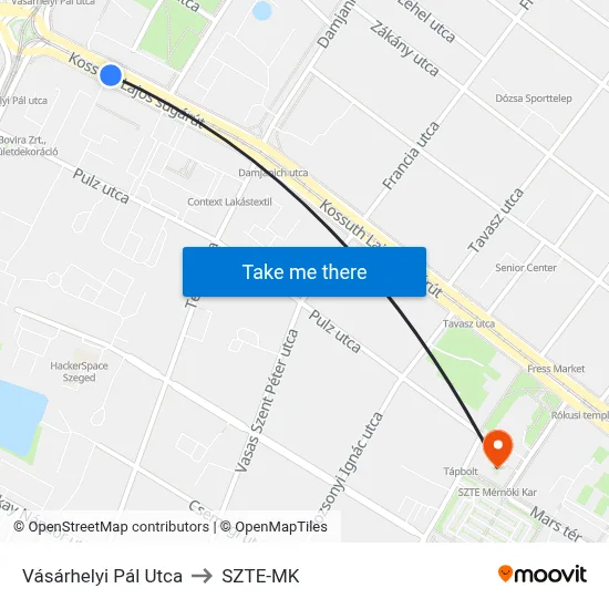Vásárhelyi Pál Utca to SZTE-MK map