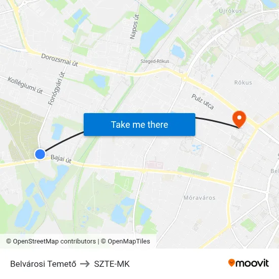 Belvárosi Temető to SZTE-MK map