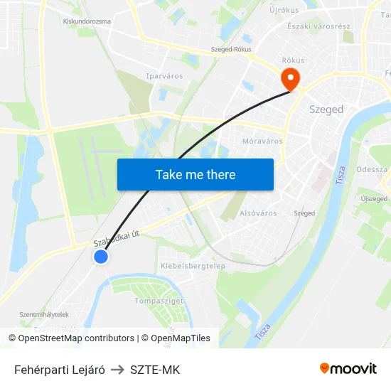 Fehérparti Lejáró to SZTE-MK map