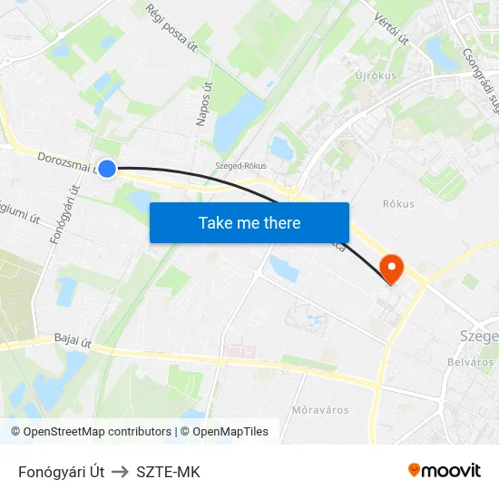Fonógyári Út to SZTE-MK map