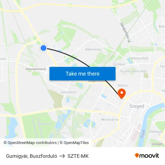 Gumigyár, Buszforduló to SZTE-MK map