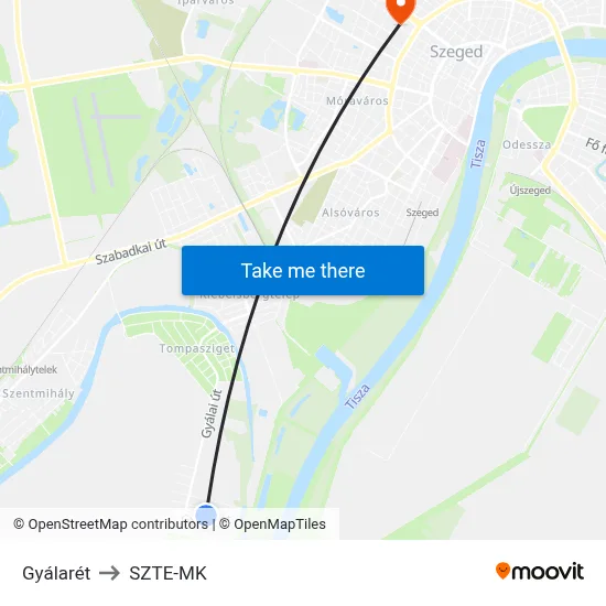 Gyálarét to SZTE-MK map