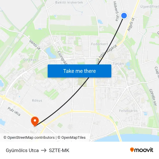 Gyümölcs Utca to SZTE-MK map