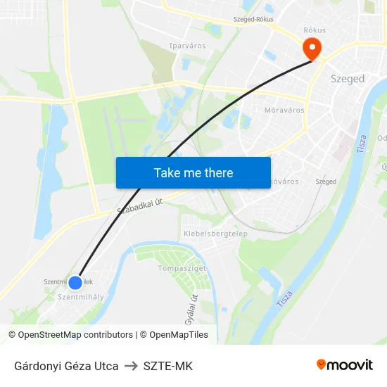 Gárdonyi Géza Utca to SZTE-MK map