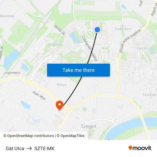 Gát Utca to SZTE-MK map