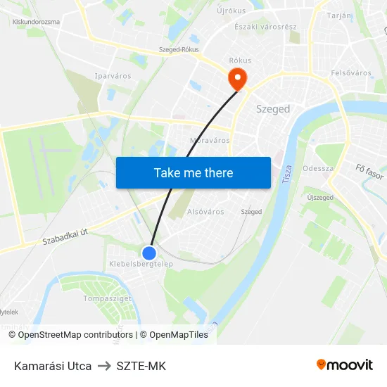Kamarási Utca to SZTE-MK map