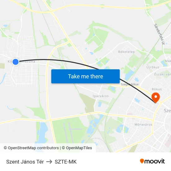 Szent János Tér to SZTE-MK map