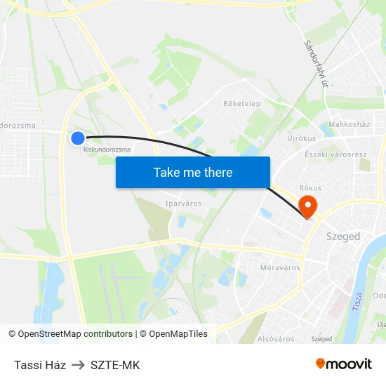 Tassi Ház to SZTE-MK map