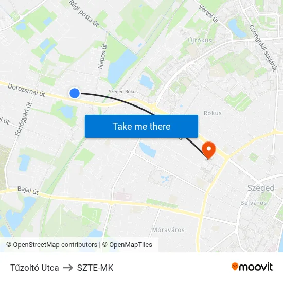 Tűzoltó Utca to SZTE-MK map