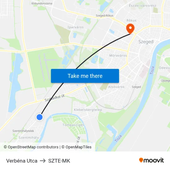 Verbéna Utca to SZTE-MK map