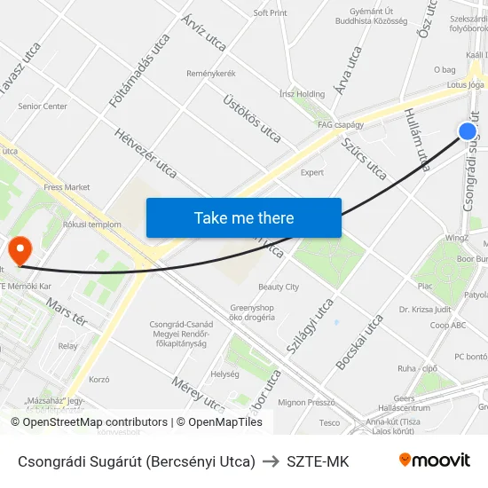 Csongrádi Sugárút (Bercsényi Utca) to SZTE-MK map