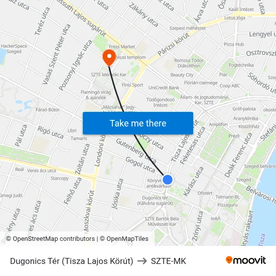 Dugonics Tér (Tisza Lajos Körút) to SZTE-MK map