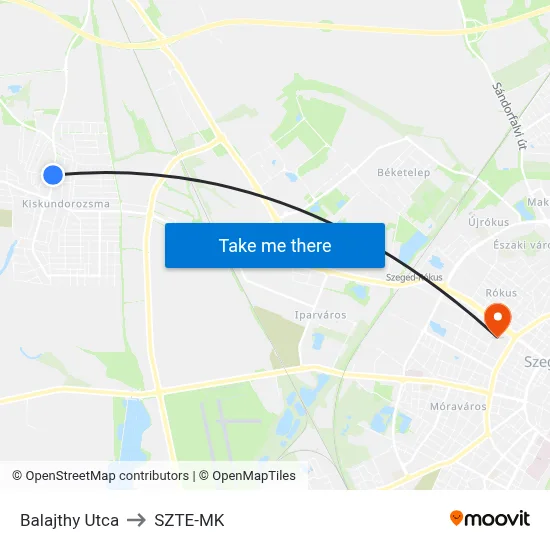 Balajthy Utca to SZTE-MK map
