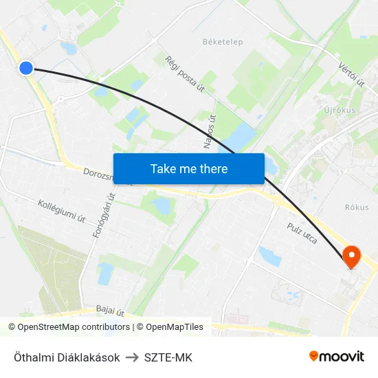 Öthalmi Diáklakások to SZTE-MK map
