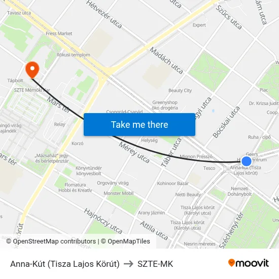 Anna-Kút (Tisza Lajos Körút) to SZTE-MK map