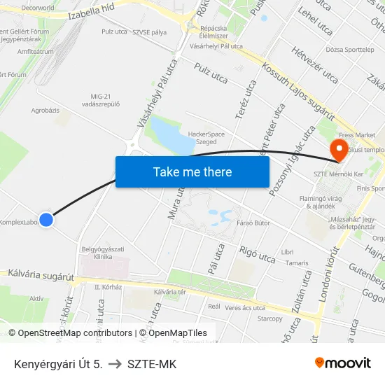 Kenyérgyári Út 5. to SZTE-MK map