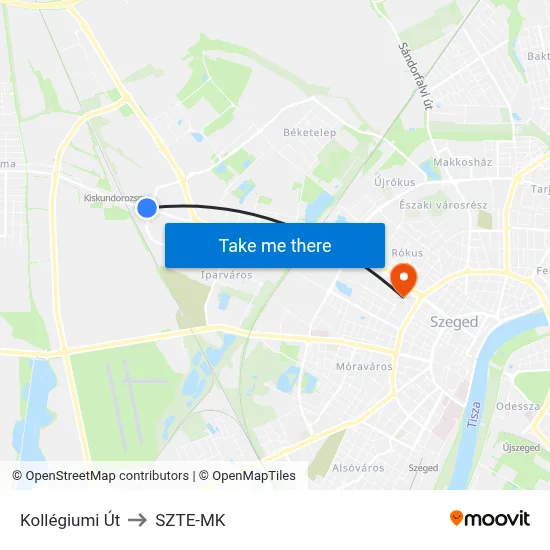 Kollégiumi Út to SZTE-MK map