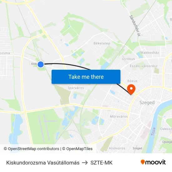 Kiskundorozsma Vasútállomás to SZTE-MK map