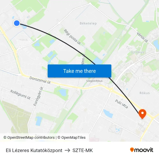 Eli Lézeres Kutatóközpont to SZTE-MK map