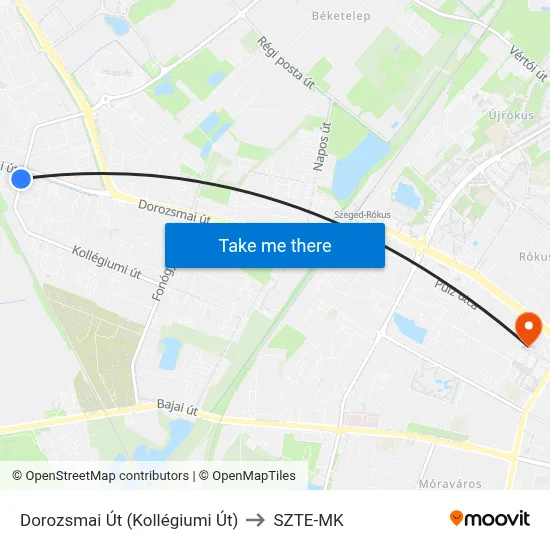 Dorozsmai Út (Kollégiumi Út) to SZTE-MK map