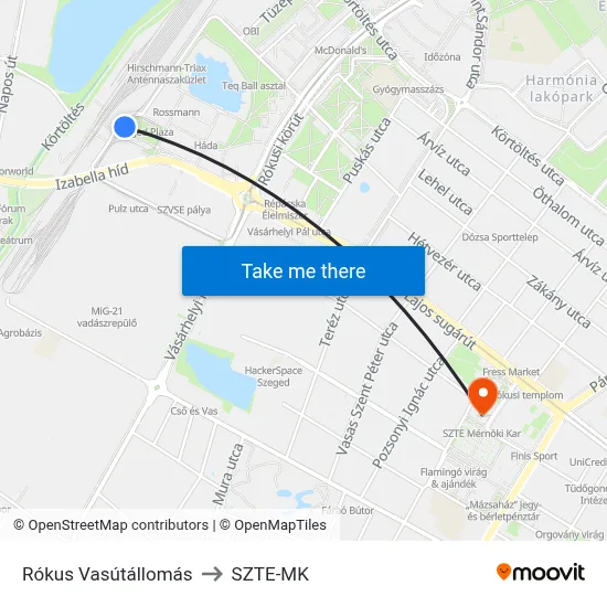 Rókus Vasútállomás to SZTE-MK map