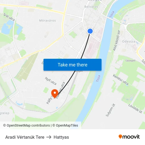 Aradi Vértanúk Tere to Hattyas map