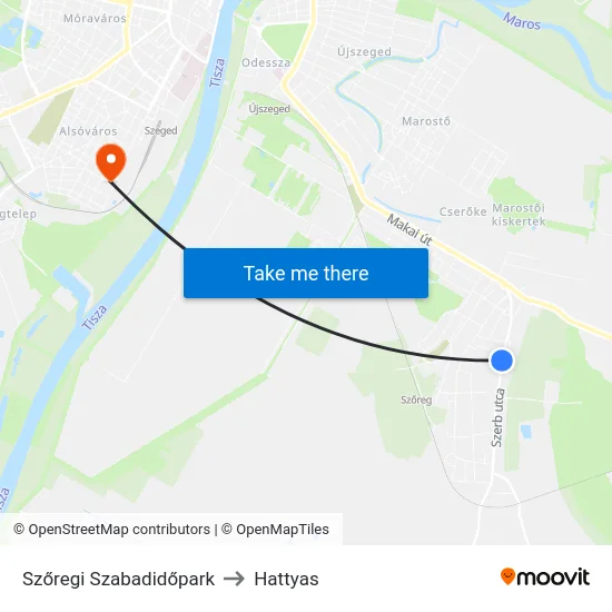 Szőregi Szabadidőpark to Hattyas map