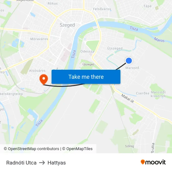 Radnóti Utca to Hattyas map