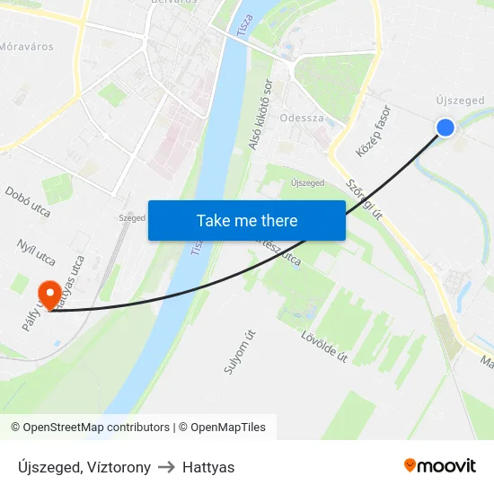 Újszeged, Víztorony to Hattyas map