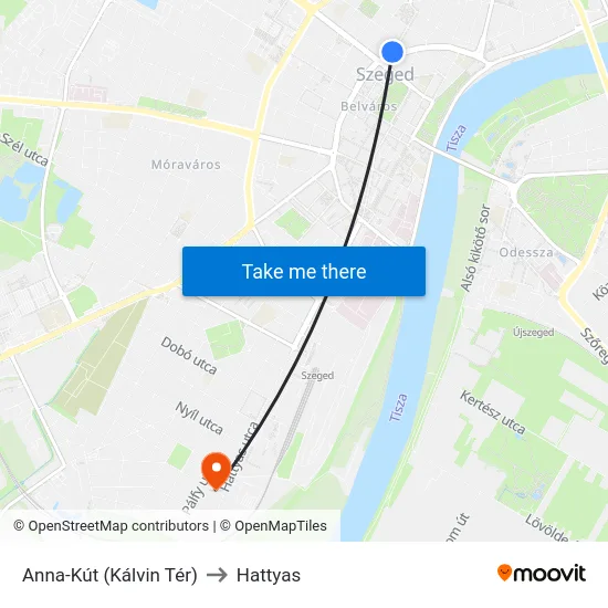 Anna-Kút (Kálvin Tér) to Hattyas map