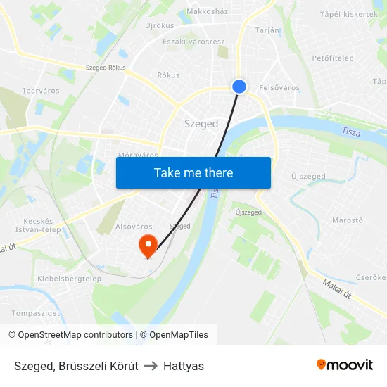 Szeged, Brüsszeli Körút to Hattyas map