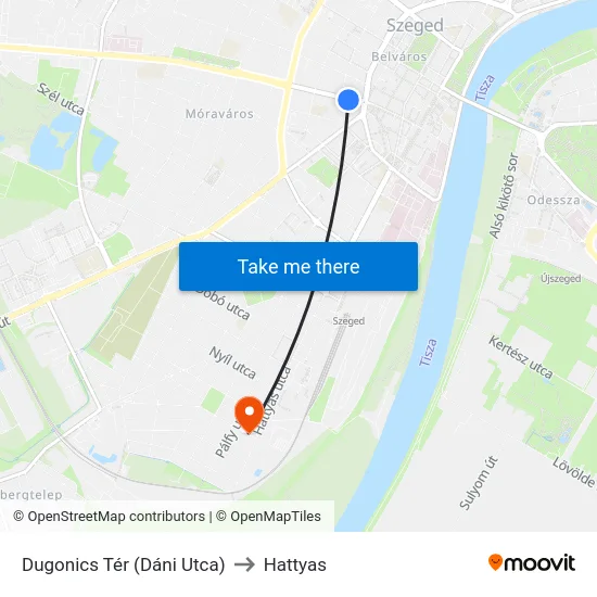 Dugonics Tér (Dáni Utca) to Hattyas map