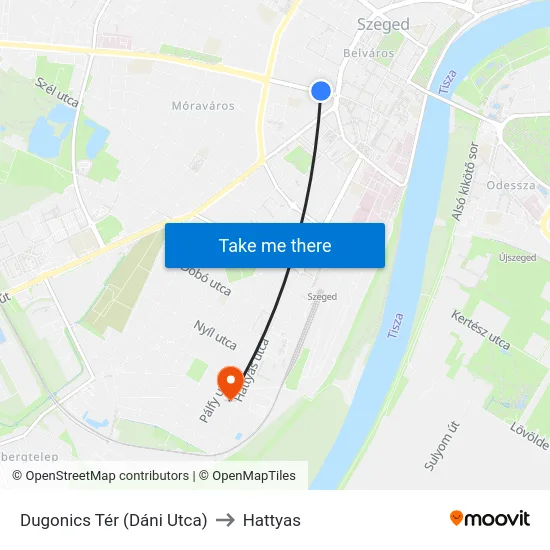 Dugonics Tér (Dáni Utca) to Hattyas map