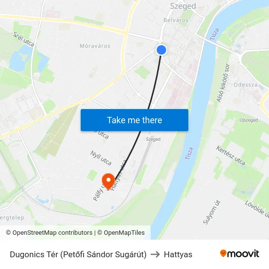 Dugonics Tér (Petőfi Sándor Sugárút) to Hattyas map