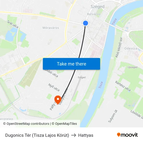Dugonics Tér (Tisza Lajos Körút) to Hattyas map