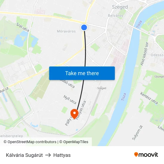 Kálvária Sugárút to Hattyas map