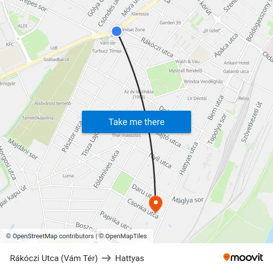 Rákóczi Utca (Vám Tér) to Hattyas map