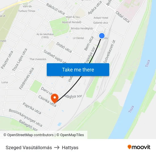Szeged Vasútállomás to Hattyas map