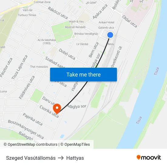 Szeged Vasútállomás to Hattyas map