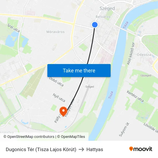 Dugonics Tér (Tisza Lajos Körút) to Hattyas map