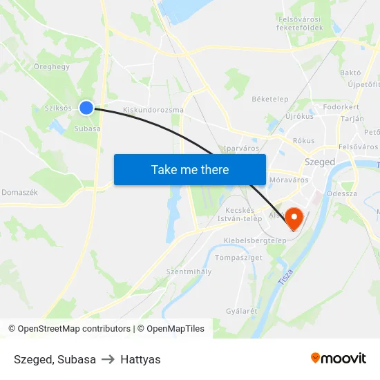 Szeged, Subasa to Hattyas map