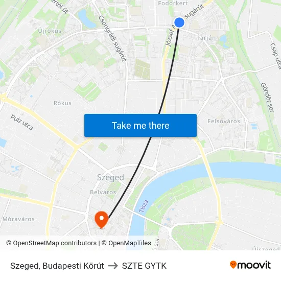 Szeged, Budapesti Körút to SZTE GYTK map