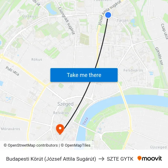 Budapesti Körút (József Attila Sugárút) to SZTE GYTK map