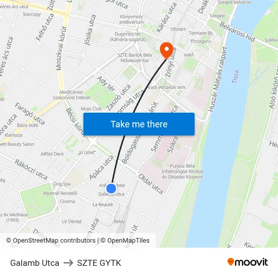 Galamb Utca to SZTE GYTK map