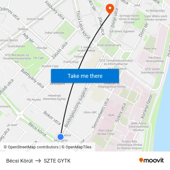 Bécsi Körút to SZTE GYTK map
