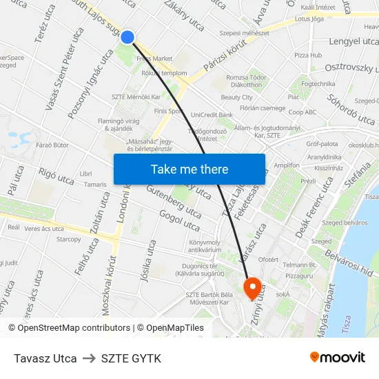 Tavasz Utca to SZTE GYTK map