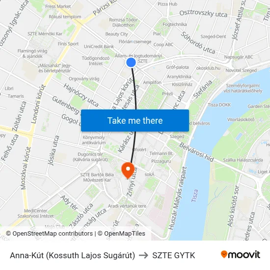 Anna-Kút (Kossuth Lajos Sugárút) to SZTE GYTK map