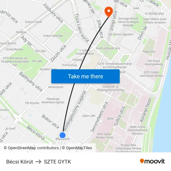 Bécsi Körút to SZTE GYTK map